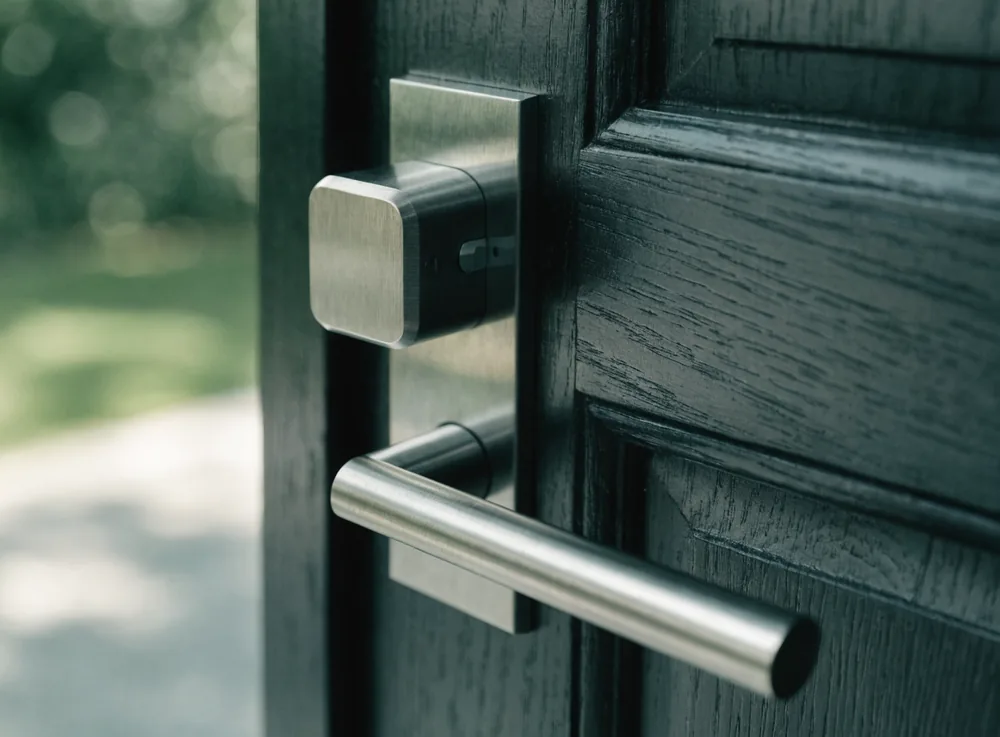 Technician fitting a deadlock to a home's front door