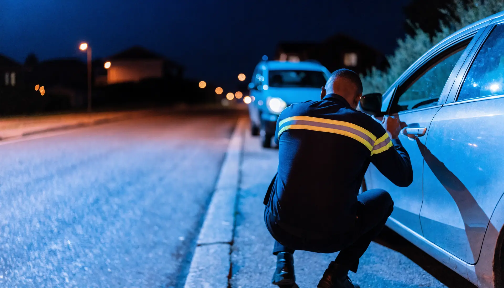 TK Lock & Key Locksmith technician opening a locked car at the roadside beside the service van